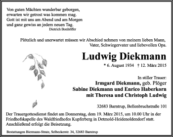 Anzeige  Ludwig Diekmann  Lippische Landes-Zeitung