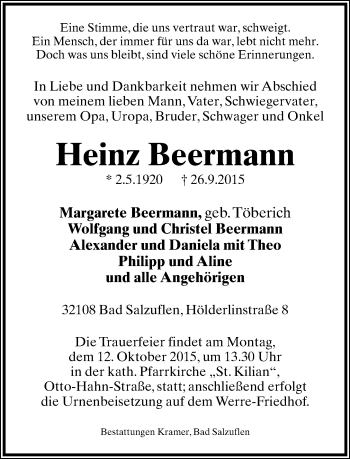 Anzeige  Heinz Beermann  Lippische Landes-Zeitung