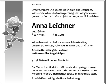 Anzeige  Anna Leichner  Lippische Landes-Zeitung