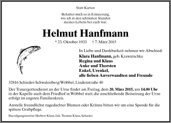Anzeige  Helmut Hanfmann  Lippische Landes-Zeitung