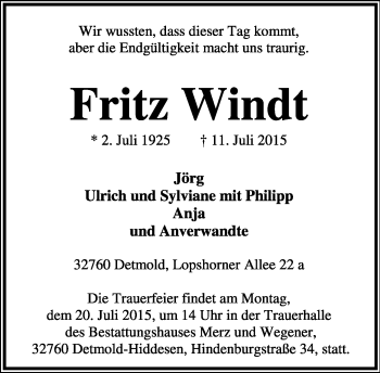 Anzeige  Fritz Windt  Lippische Landes-Zeitung