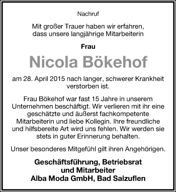 Anzeige  Nicola Bökehof  Lippische Landes-Zeitung