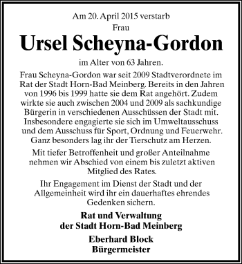 Anzeige  Ursel Scheyna-Gordon  Lippische Landes-Zeitung