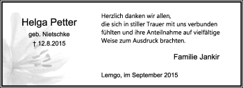Anzeige  Helga Petter  Lippische Landes-Zeitung