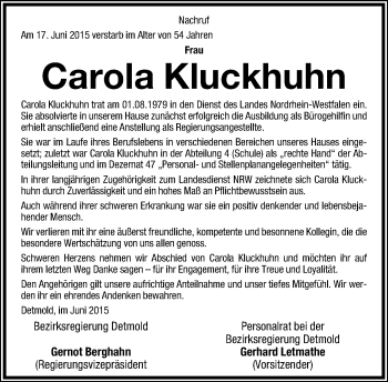 Anzeige  Carola Kluckhuhn  Lippische Landes-Zeitung