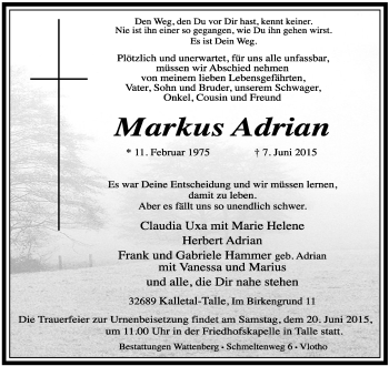 Anzeige  Markus Adrian  Lippische Landes-Zeitung