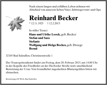 Anzeige  Reinhard Becker  Lippische Landes-Zeitung