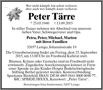 Anzeige  Peter Tärre  Lippische Landes-Zeitung