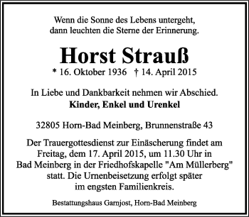 Anzeige  Horst Strauß  Lippische Landes-Zeitung