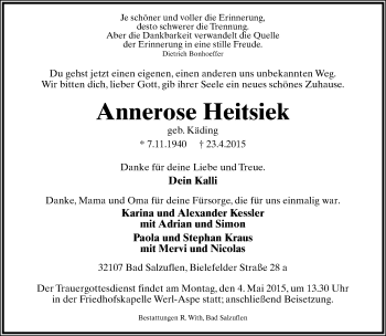 Anzeige  Annerose Heitsiek  Lippische Landes-Zeitung