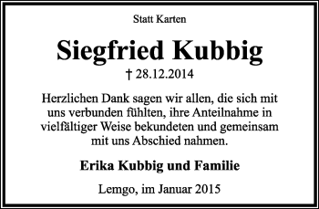 Anzeige  Siegfried Kubbig  Lippische Landes-Zeitung