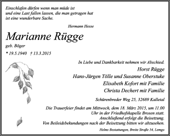 Anzeige  Marianne Rügge  Lippische Landes-Zeitung