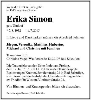 Anzeige  Erika Simon  Lippische Landes-Zeitung