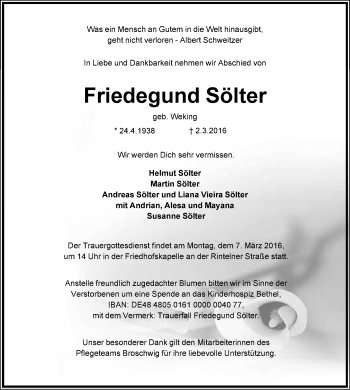 Anzeige  Friedegund Sölter 