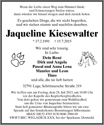 Anzeige  Jaqueline Kiesewalter  Lippische Landes-Zeitung