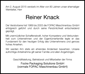 Anzeige  Reiner Knack  Lippische Landes-Zeitung