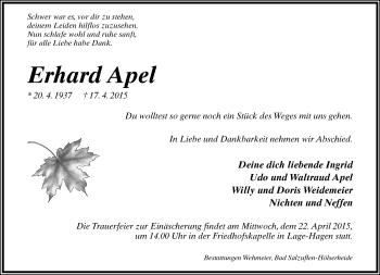 Anzeige  Erhard Apel  Lippische Landes-Zeitung