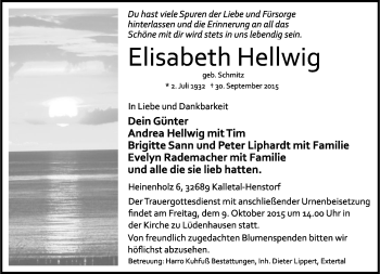 Anzeige  Elisabeth Hellwig  Lippische Landes-Zeitung