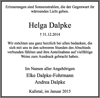 Anzeige  Helga Dalpke  Lippische Landes-Zeitung