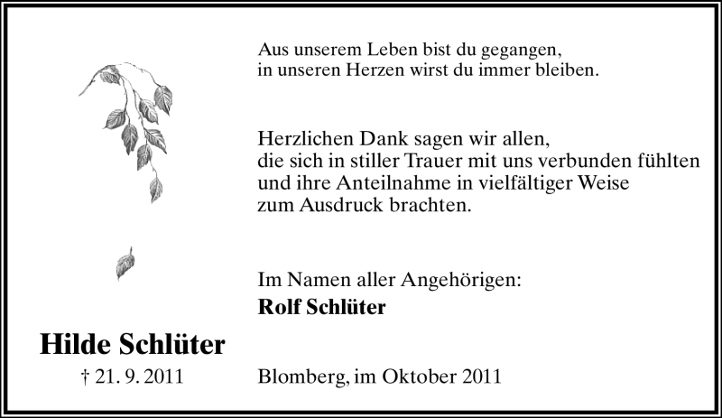 Traueranzeige für Hilde Schlüter vom 22.10.2011 aus Lippische Landes-Zeitung