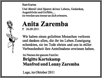 Anzeige  Antia Zaremba  Lippische Landes-Zeitung