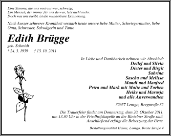 Anzeige  Edith Brügge  Lippische Landes-Zeitung