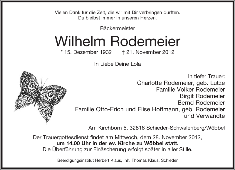  Traueranzeige für Wilhelm Rodemeier vom 24.11.2012 aus Lippische Landes-Zeitung