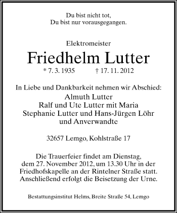Anzeige  Friedhelm Lutter  Lippische Landes-Zeitung