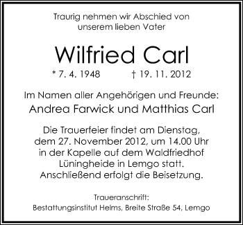 Anzeige  Wilfried Carl  Lippische Landes-Zeitung
