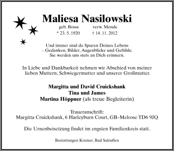 Anzeige  Maliesa Nasilowski  Lippische Landes-Zeitung