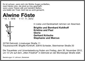 Anzeige  Alwine Föste  Lippische Landes-Zeitung