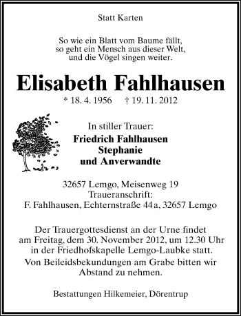 Anzeige  Elisabeth Fahlhausen  Lippische Landes-Zeitung