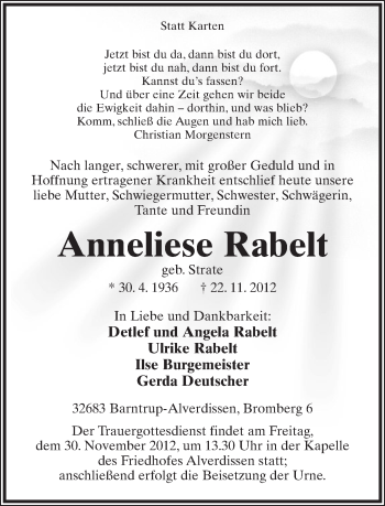 Anzeige  Anneliese Rabelt  Lippische Landes-Zeitung