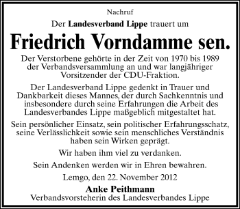 Anzeige  Friedrich Vorndamme  Lippische Landes-Zeitung
