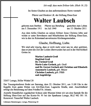 Anzeige  Walter Laubsch  Lippische Landes-Zeitung