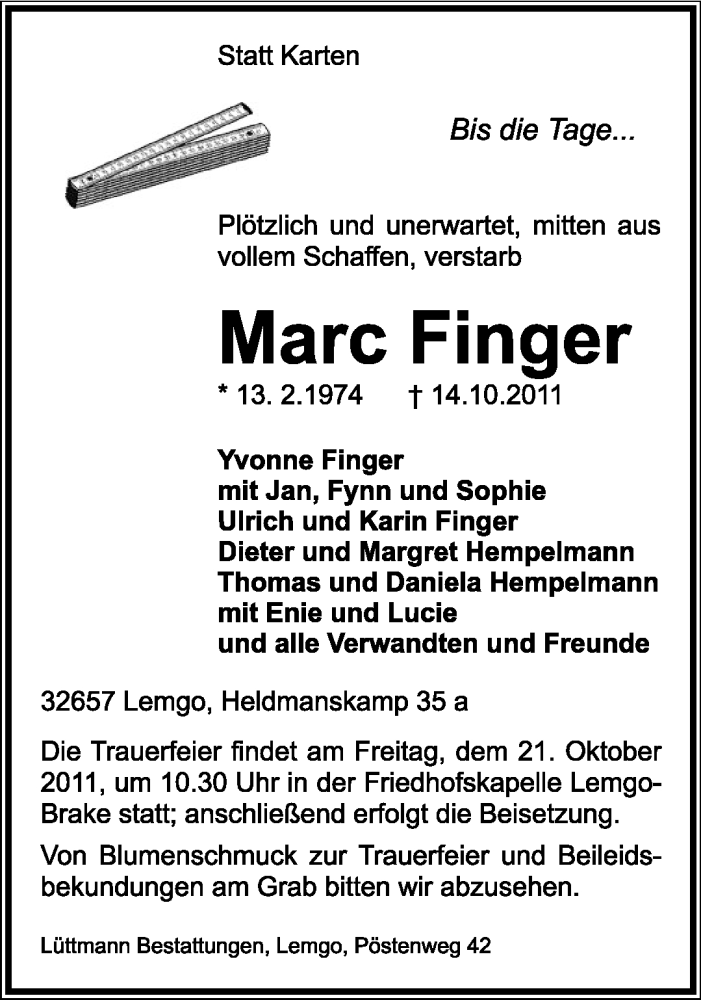  Traueranzeige für Marc Finger vom 18.10.2011 aus Lippische Landes-Zeitung