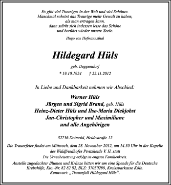 Anzeige  Hildegard Hüls  Lippische Landes-Zeitung