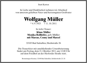 Anzeige  Wolfgang Müller  Lippische Landes-Zeitung