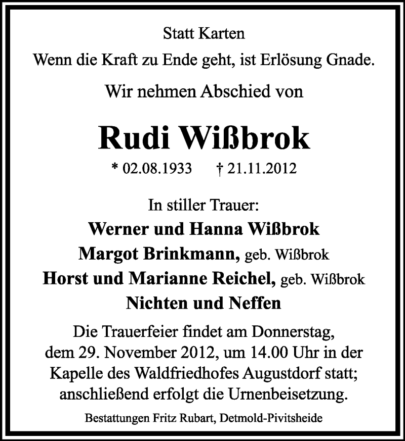  Traueranzeige für Rudi Wißbrok vom 28.11.2012 aus Lippische Landes-Zeitung