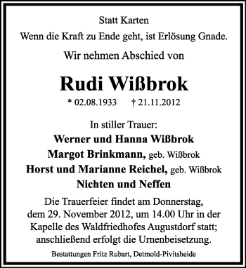 Anzeige  Rudi Wißbrok  Lippische Landes-Zeitung