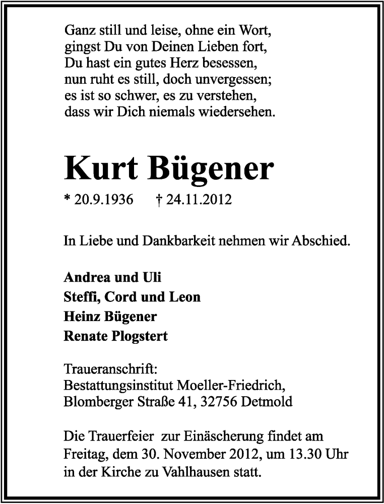  Traueranzeige für Kurt Bügener vom 27.11.2012 aus Lippische Landes-Zeitung