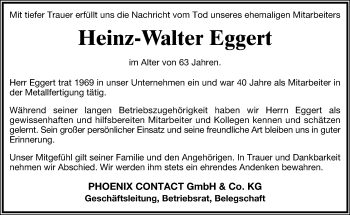 Anzeige  Heinz-Walter Eggert  Lippische Landes-Zeitung