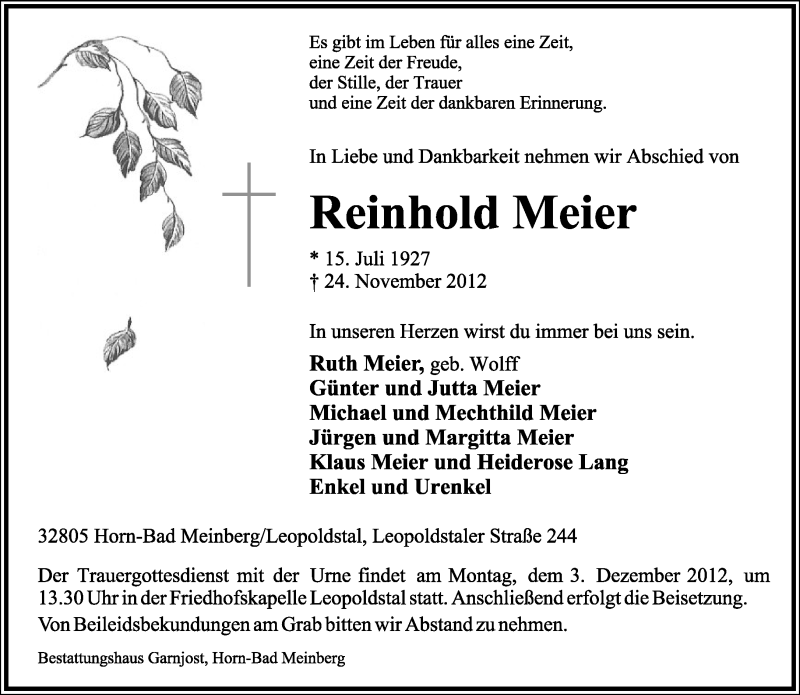  Traueranzeige für Reinhold Meier vom 27.11.2012 aus Lippische Landes-Zeitung