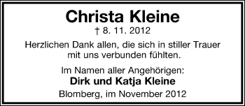 Anzeige  Christa Kleine  Lippische Landes-Zeitung