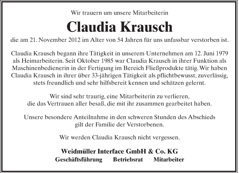  Traueranzeige für Claudia Krausch vom 27.11.2012 aus Lippische Landes-Zeitung