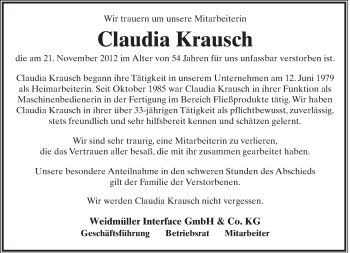 Anzeige  Claudia Krausch  Lippische Landes-Zeitung