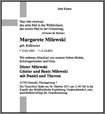 Anzeige  Margarete Milewski  Lippische Landes-Zeitung
