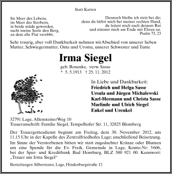 Anzeige  Irma Siegel  Lippische Landes-Zeitung