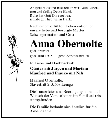 Anzeige  Anna Obernolte  Lippische Landes-Zeitung
