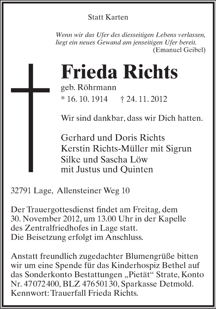  Traueranzeige für Frieda Richts vom 27.11.2012 aus Lippische Landes-Zeitung